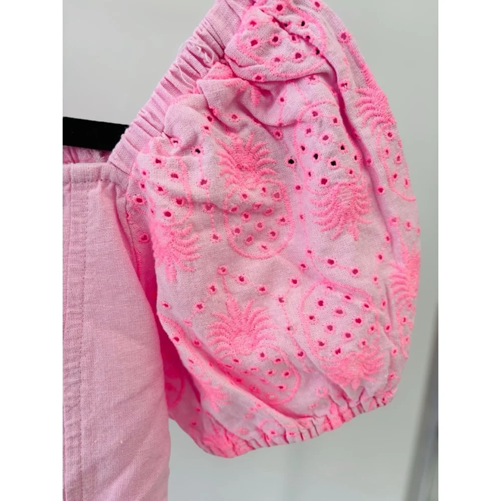Old Navy Girls XL (14-16) Preppy Pink Puff Sleeved Top Smocked Pineapple Print